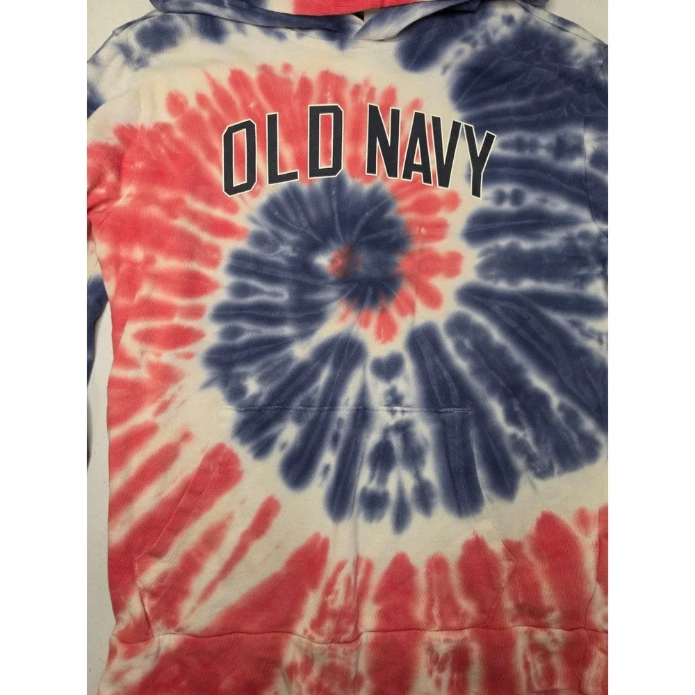 Old Navy Boys Large 10-12 Red White Blue Tie Dye Logo Pullover Hoodie Sweatshirt
